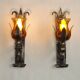 Pair Hand Forged Wrought Iron Medieval Style Wall Lights Amber Glass Shades