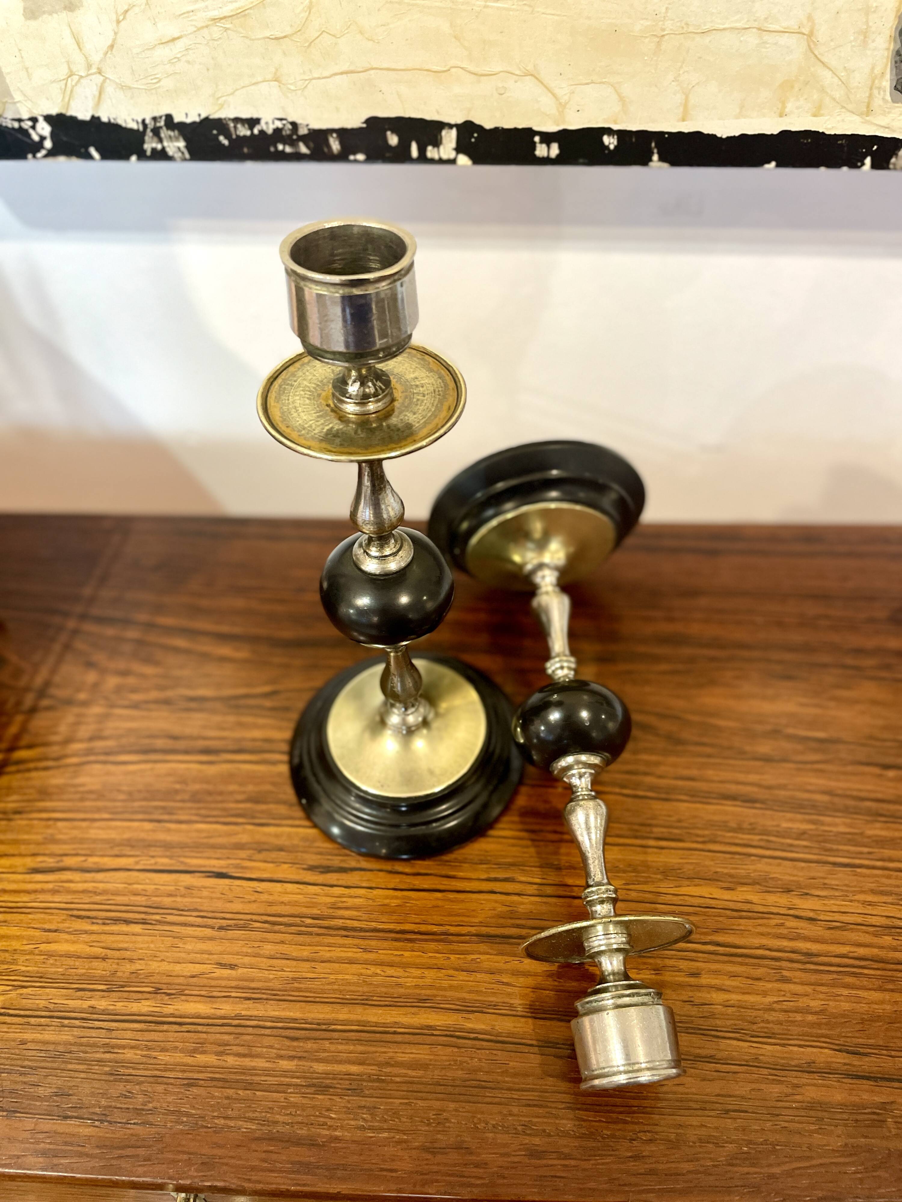 Pair of Napoleon III candlesticks in brass and black marble.