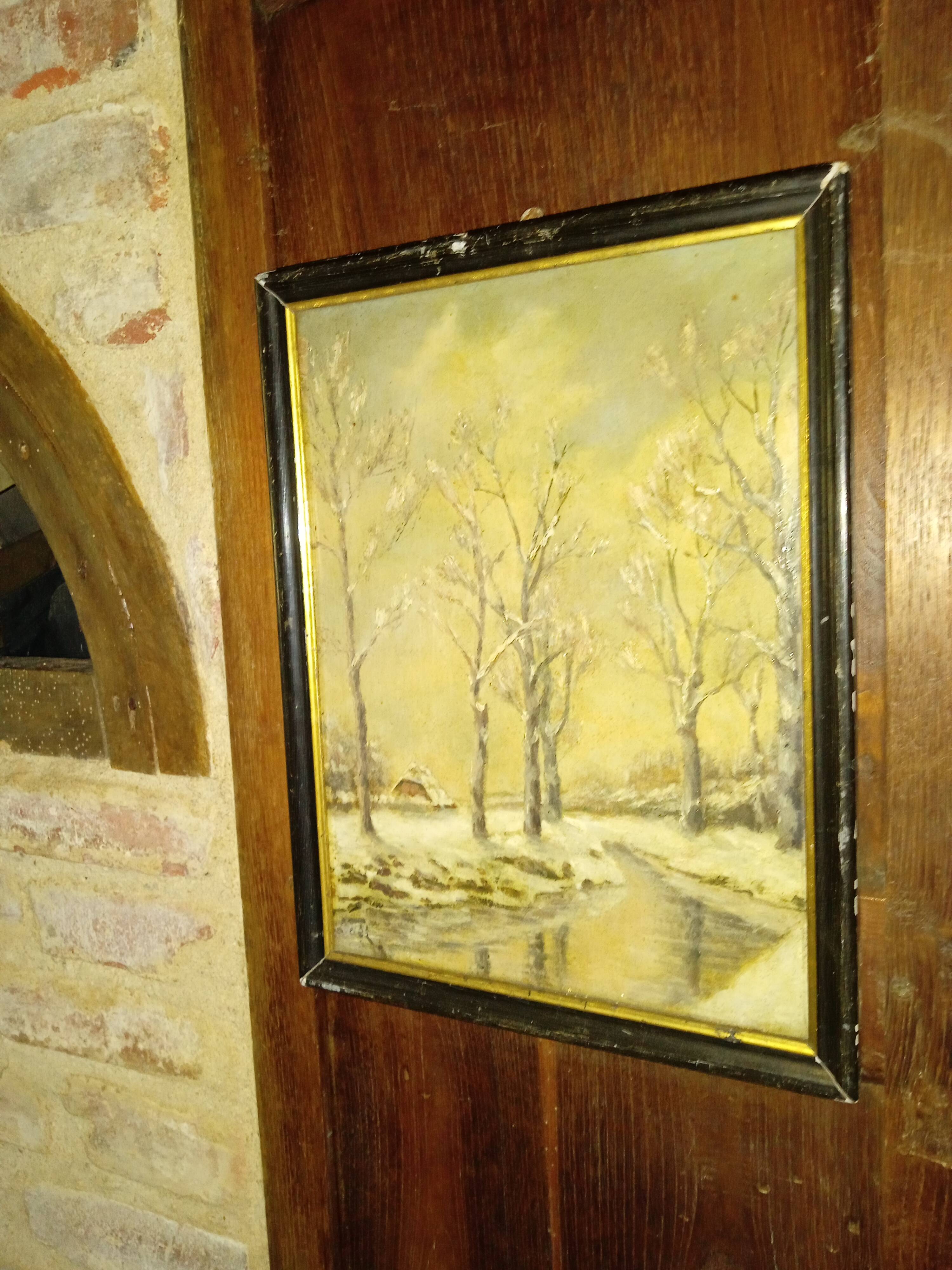 Old framed painting, oil "Wood under the snow", signed
