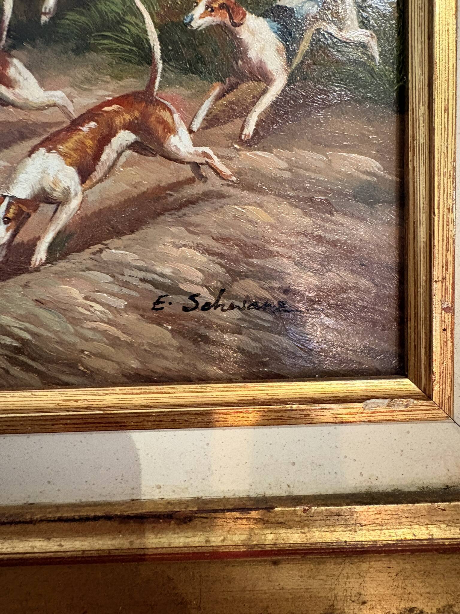 Oil Painting Panel Wood Gilded Hunting English Dog 19th Century