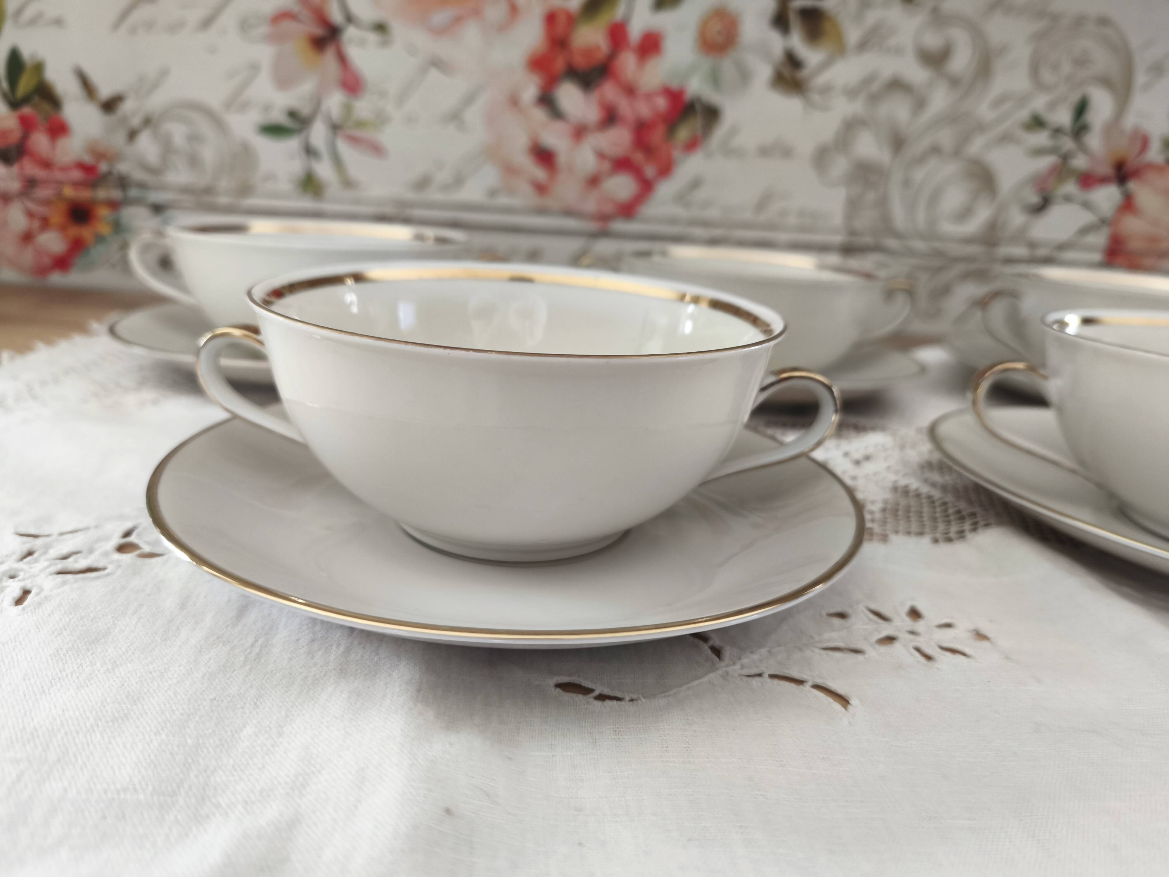 Set of 5 Bavaria porcelain soup bowls with 2 handles, beige, gold edging