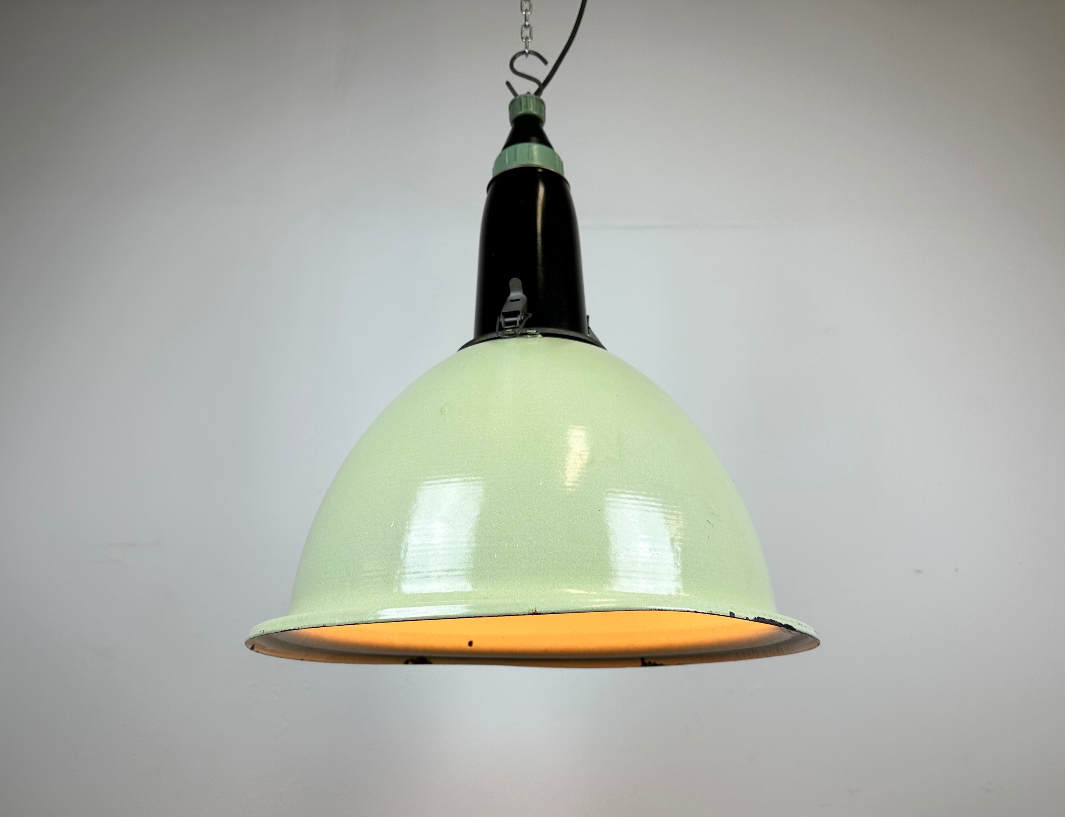 Industrial soviet light green enamel pendant lamp, 1960s