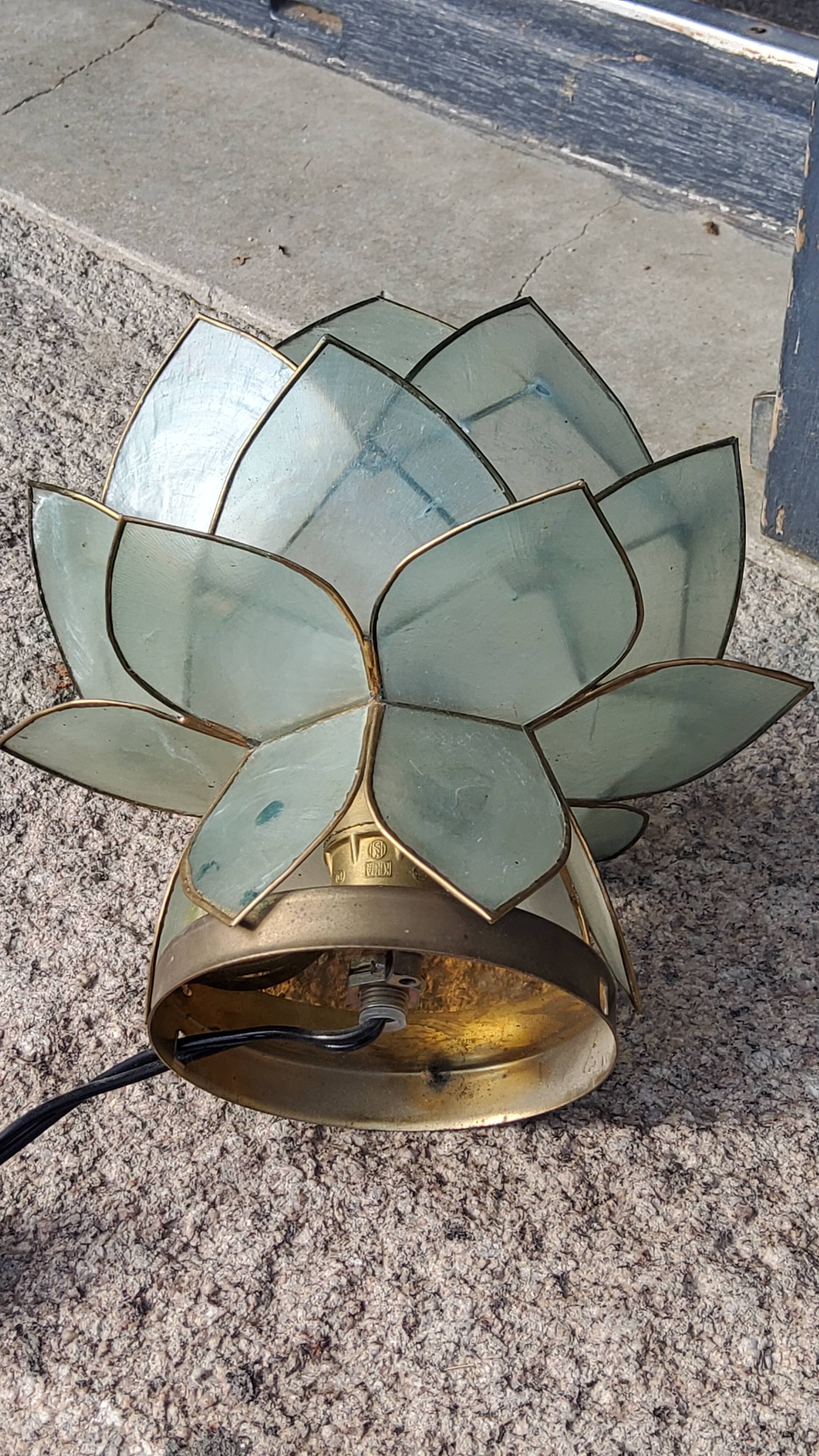 Pair of designer table lamps in turquoise blue green capiz mother-of-pearl from the 70s