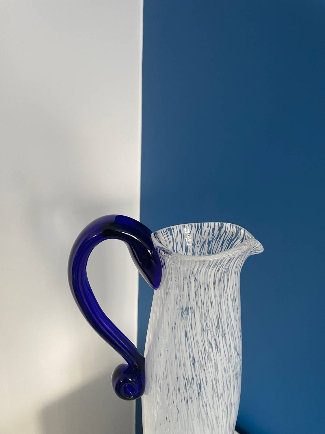 Decorative carafe or vase in blue and white Murano blown glass, chic style