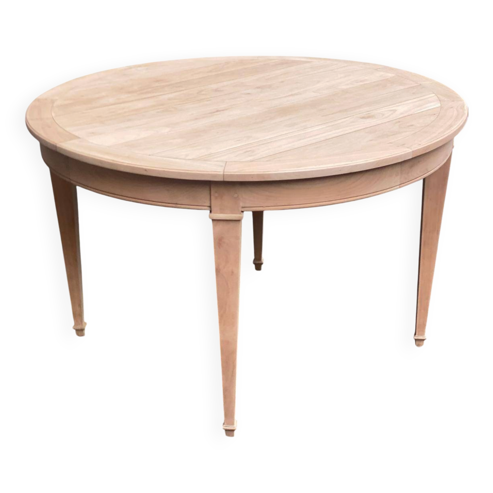 Round extendable dining table stripped in cherry wood Louis XVI René Trotel 1
