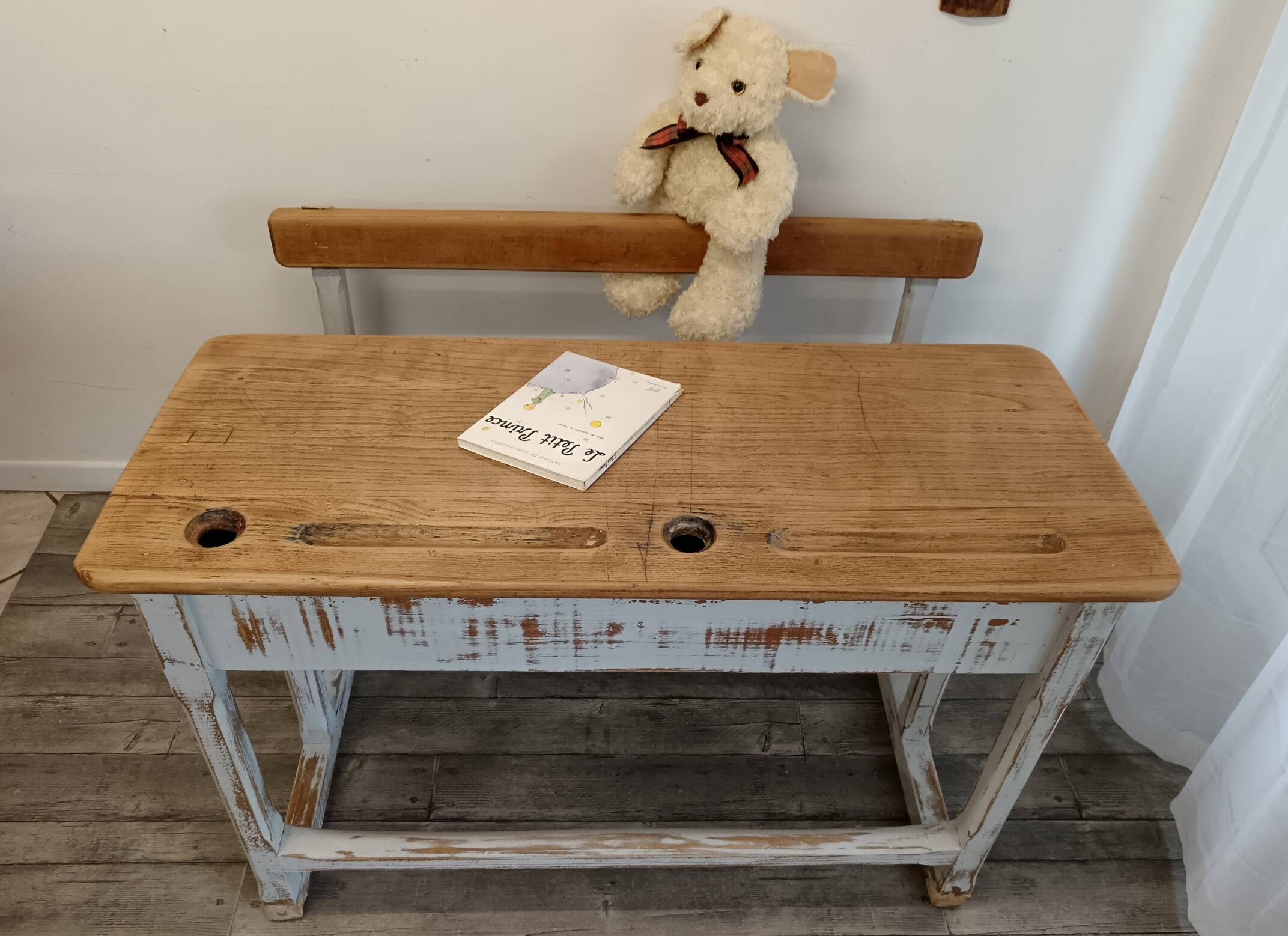 Double school desk in wood and patinated gray