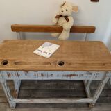 Double school desk in wood and patinated gray