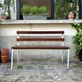 Bench in dark wood and white metal