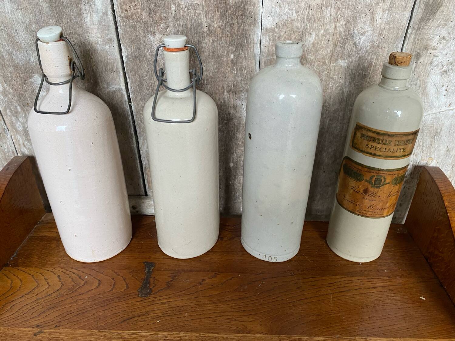 Set of 4 Old Grey Stoneware Bottles + Vintage Porcelain Stopper