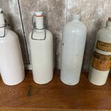 Set of 4 Old Grey Stoneware Bottles + Vintage Porcelain Stopper