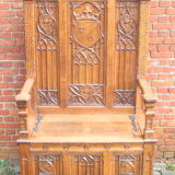 Neo gothic throne and side table, France ca 1900, Set of 2.
