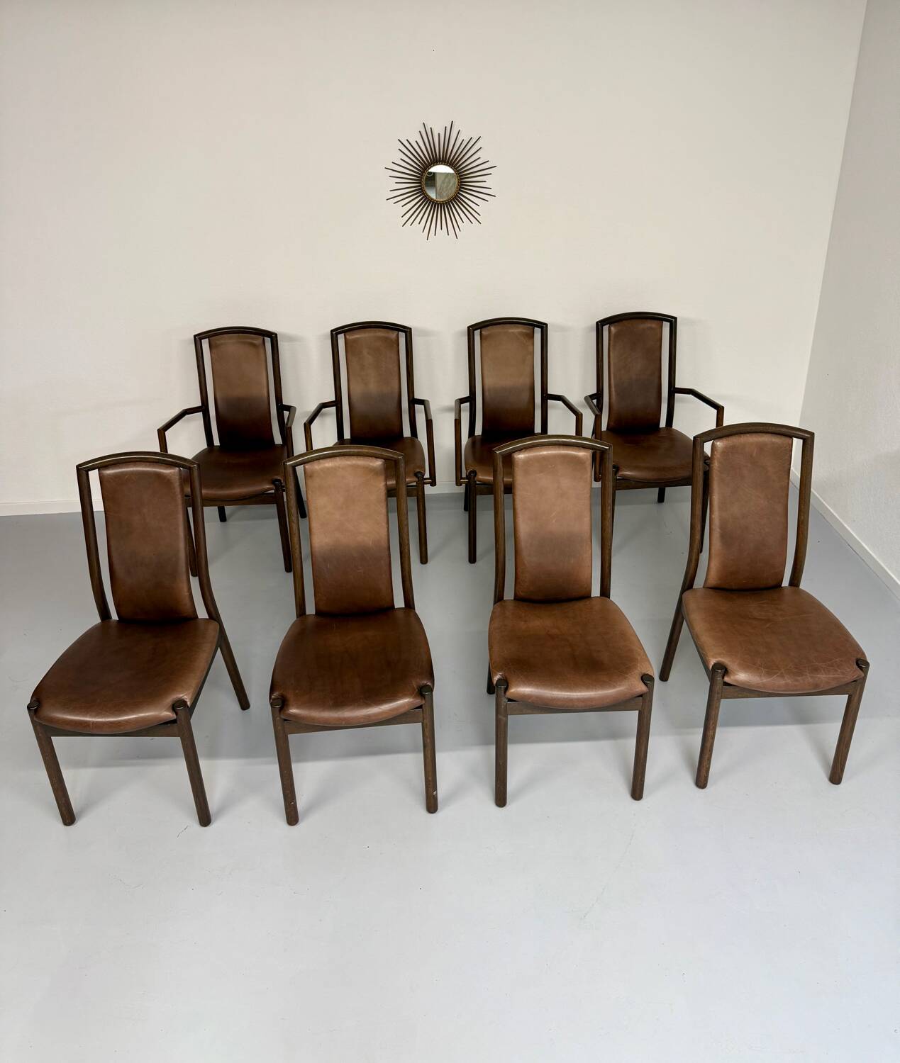 Set of 8 wooden and thick leather armchairs, Girsberger design, 80s
