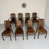 Set of 8 wooden and thick leather armchairs, Girsberger design, 80s