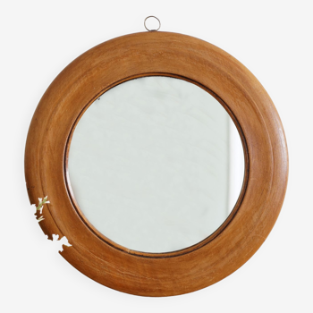 miroir rond ancien avec cadre en bois tourné