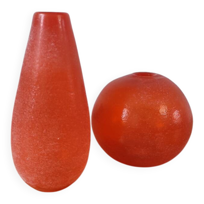 Duo de vases Murano par Seguso-Verre Corroso orange vintage