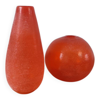 Pair of Murano vases by Seguso - Vintage Corroso glass in orange.