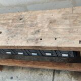 Old oak workbench console with metal drawers