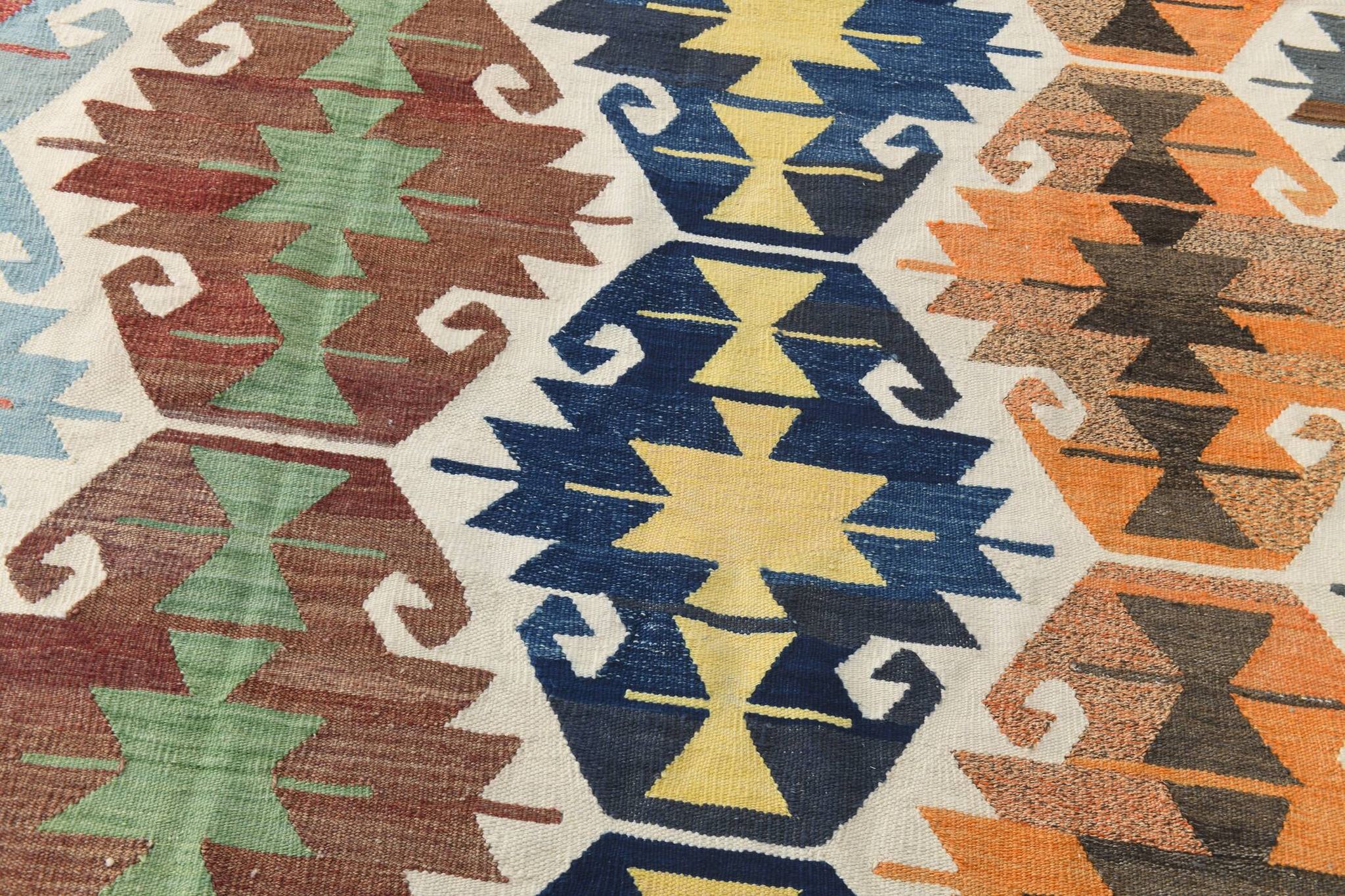 8x13 Geometric Style Kilim Rug, Turkish Vintage Kilim Rug, 253x370Cm