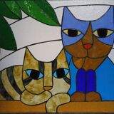 Vitrail artisanal vintage – motif chats – 60 × 68 cm – pièce unique en verre