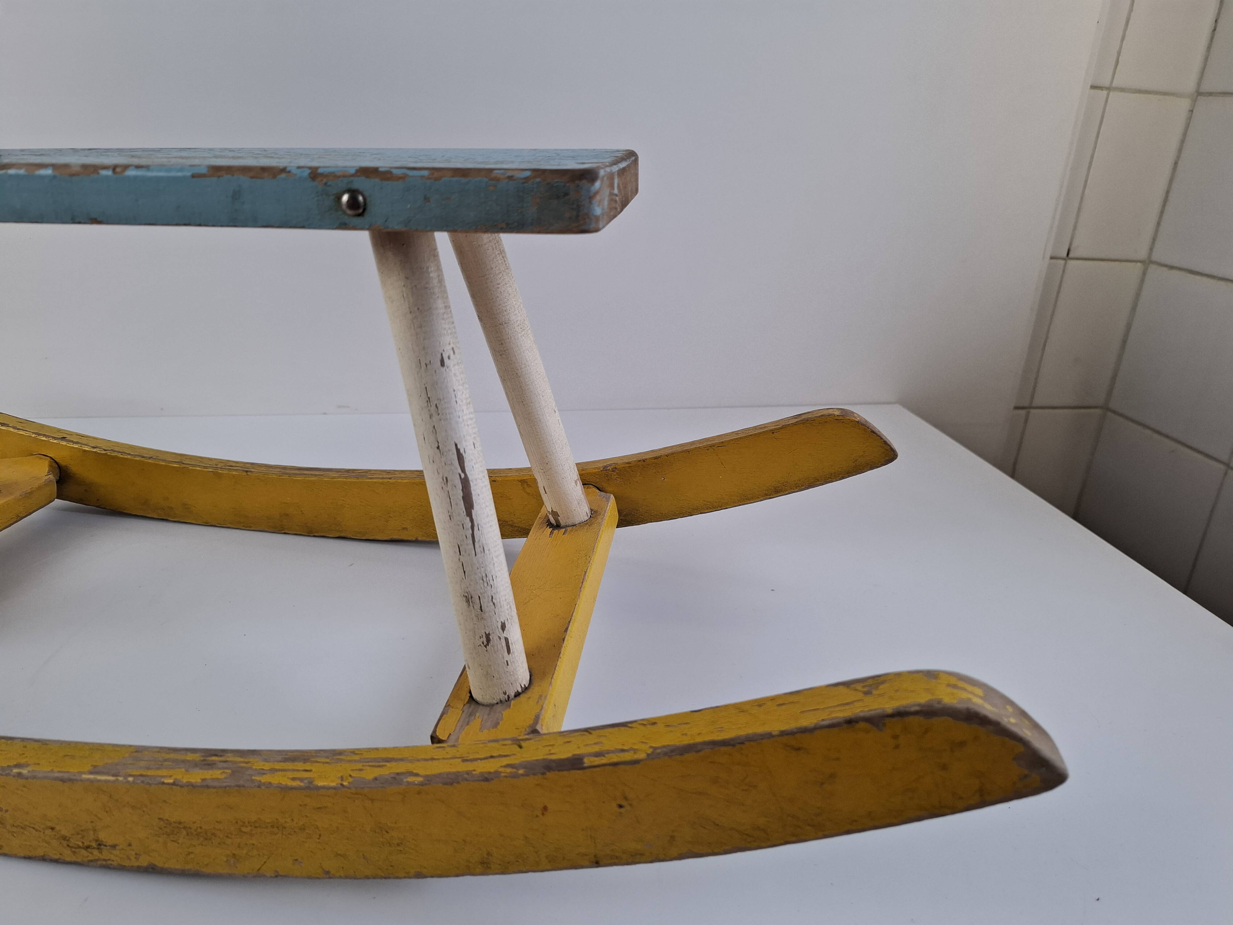 Mid-Century Czechoslovak Wooden Rocking Horse, Hand-Painted, 1960s