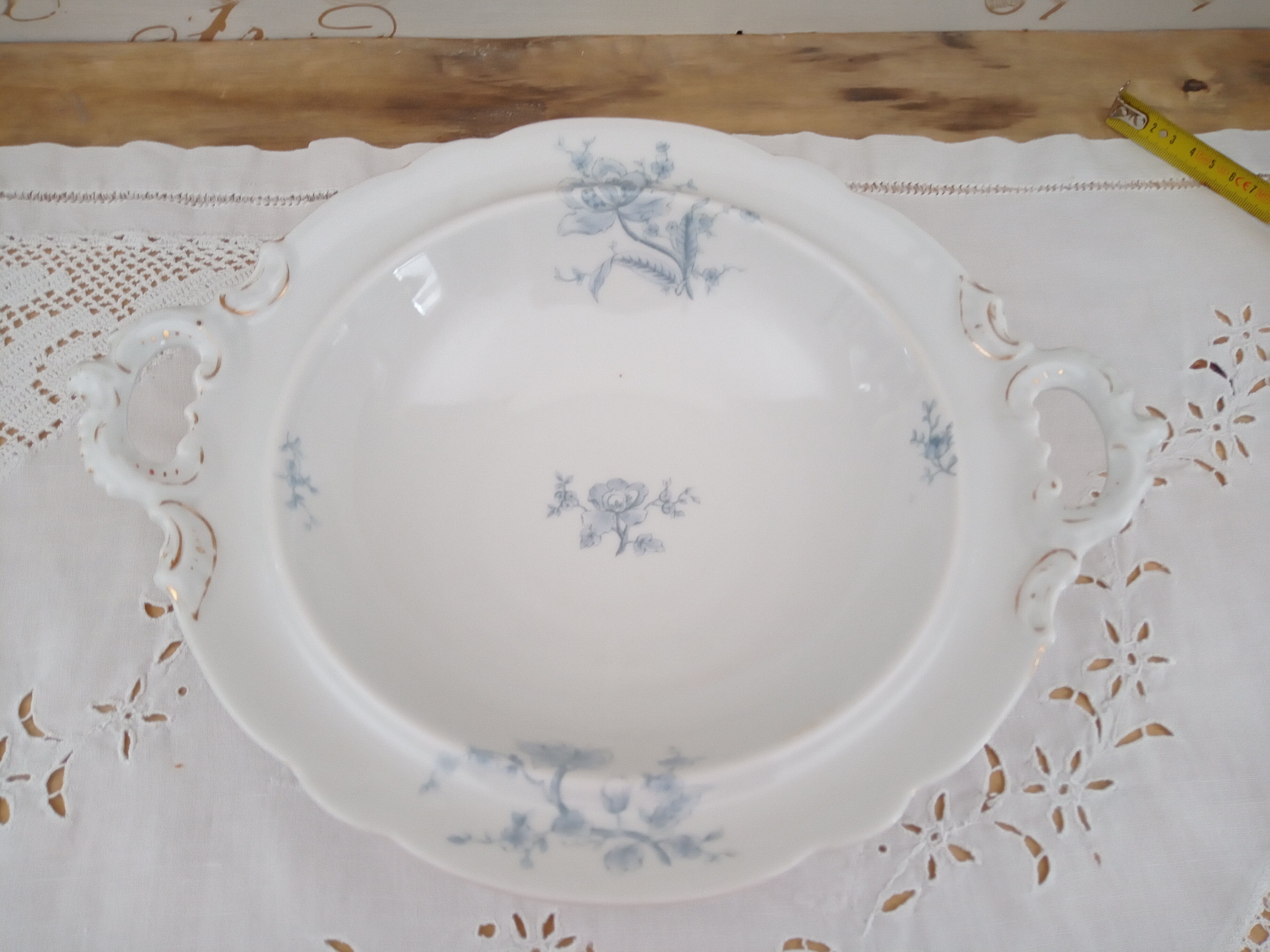 Compotier on porcelain pedestal decoration pale blue flowers