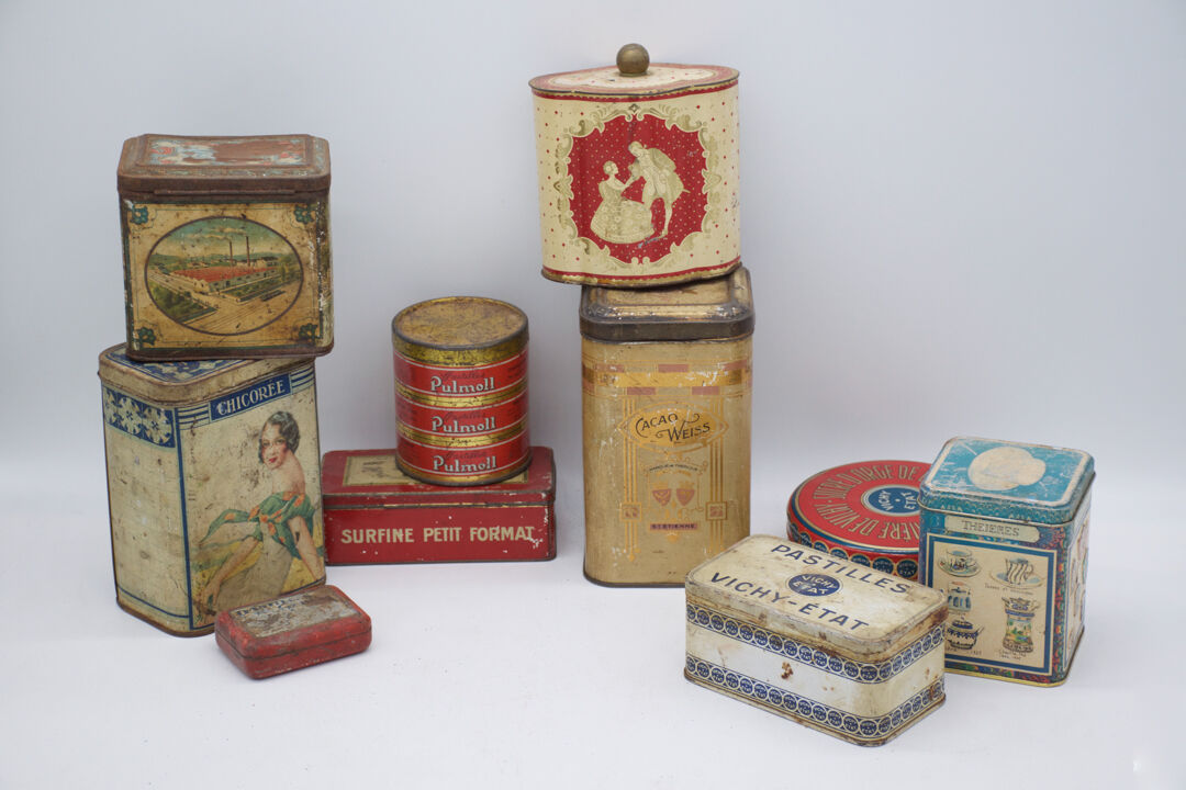 Set of eighty-two metal food boxes 1940'