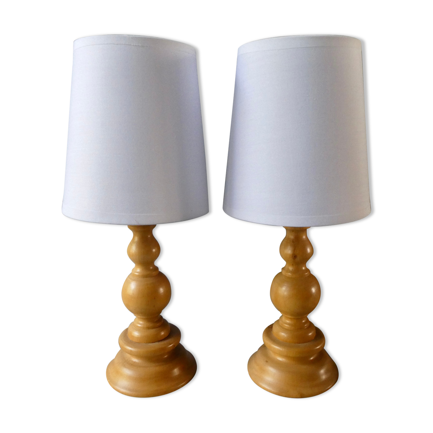 Pair of turned wooden lamps, 60s