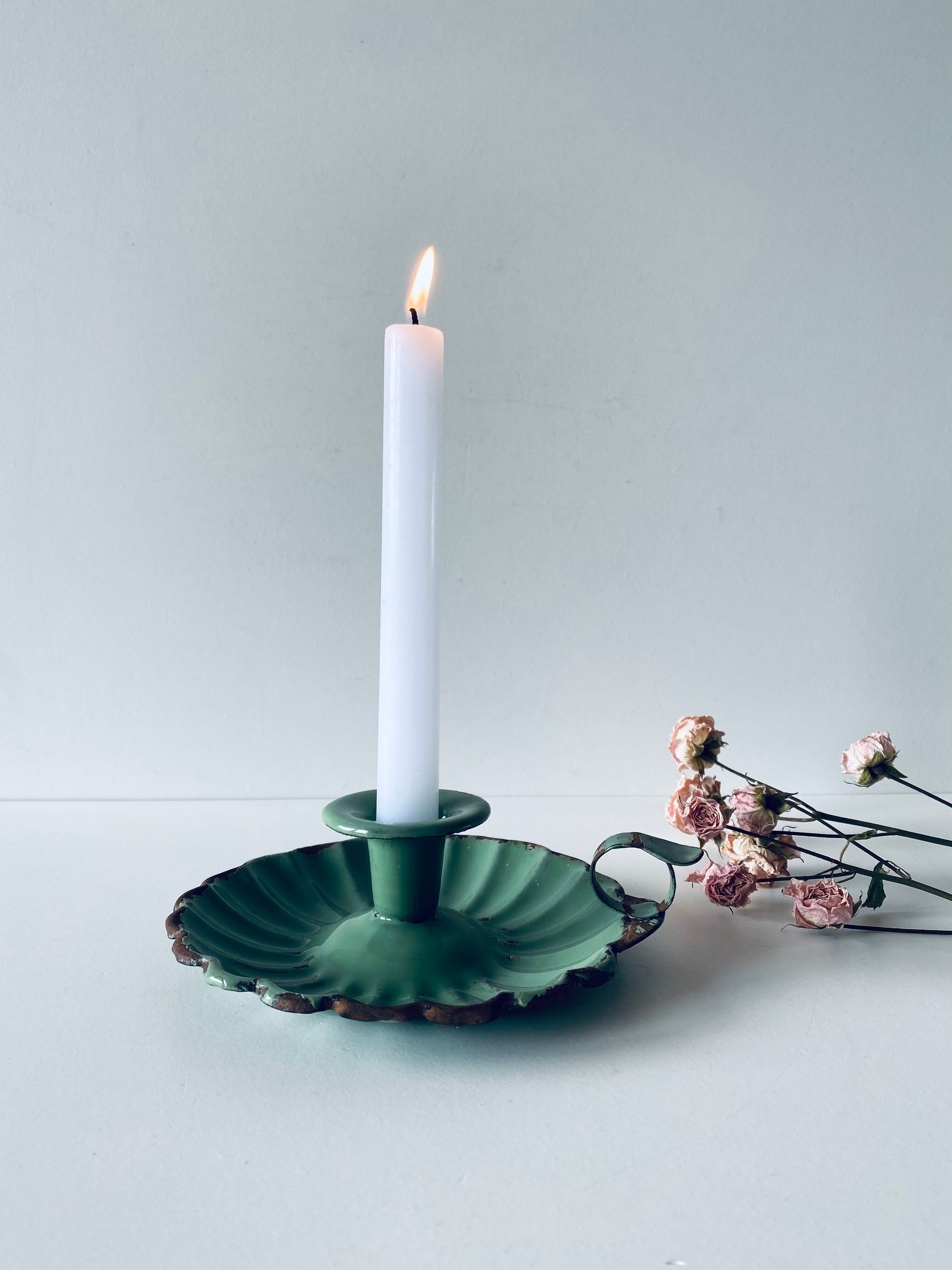 Old antique olive green enamelled metal candlestick