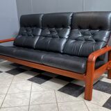 Teak and Black Leather 32 seat sofa by HS Denmark 1970s