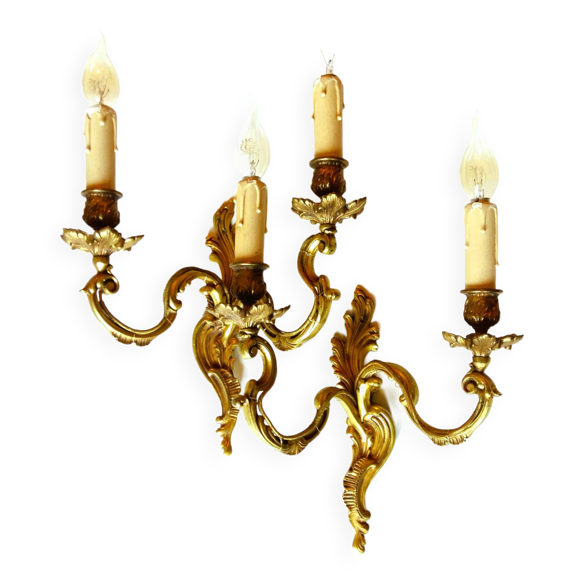 Pair of Heavy, French, Gold Bronze 2 Arm Wall Lights. Ornate Rococo/ Baroque/ Louis XV Style Sconces
