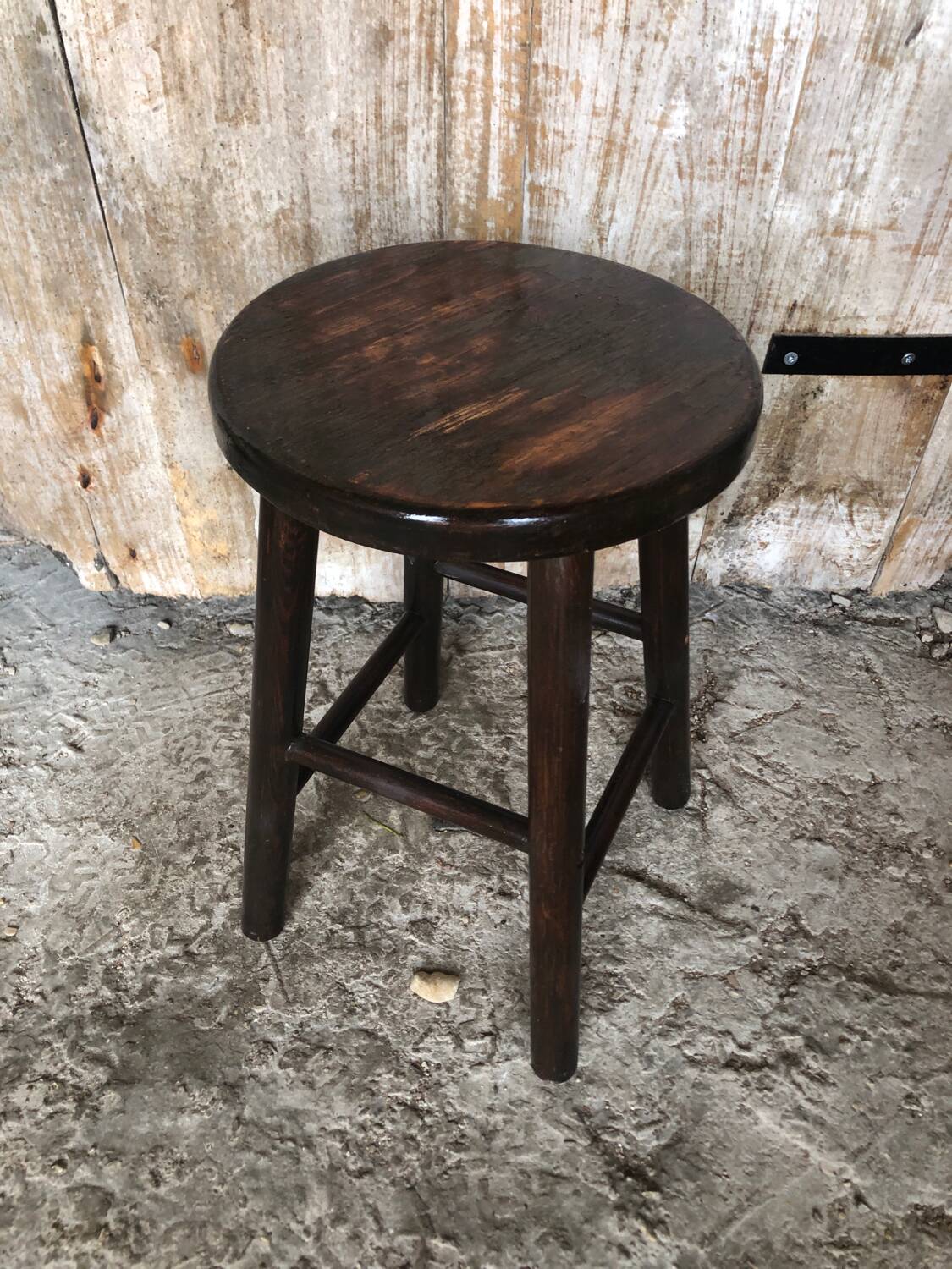 Vintage Turned Dark Wood Milking Stool #A631