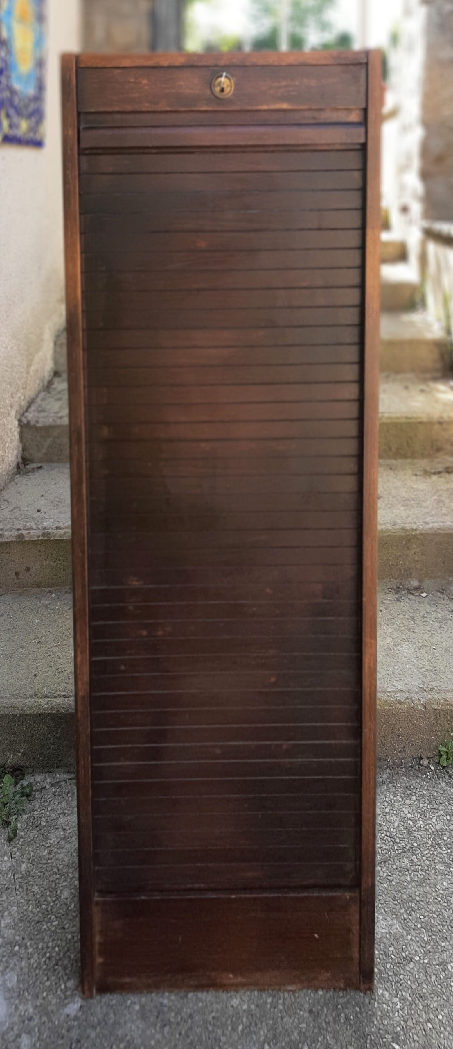Cabinet storage cabinet with curtains, wooden, vintage.