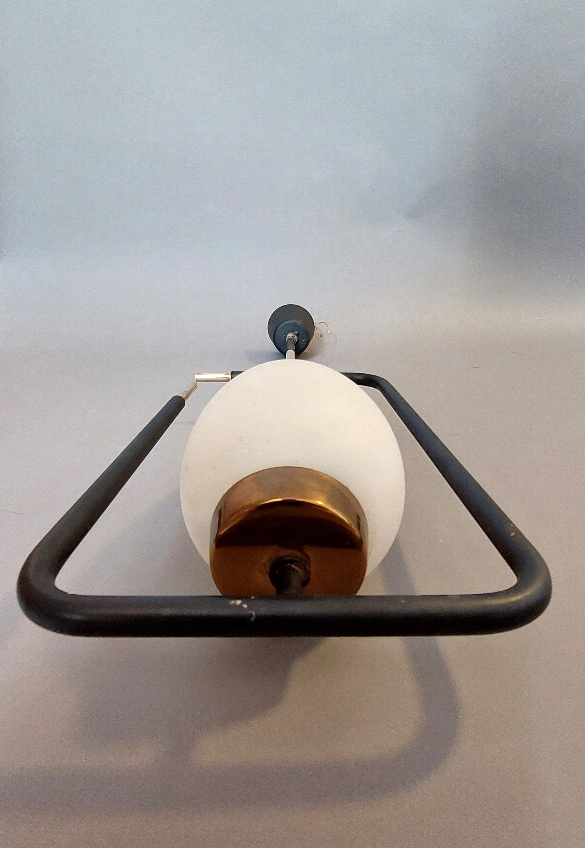 Maison Lunel pendant lamp in black metal, gilded brass and opaline 1960.