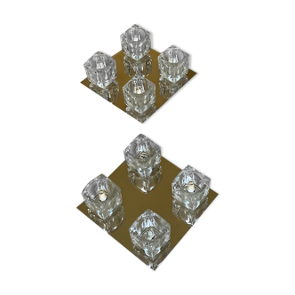 Lot of 2 wall appliques 4 chrome metal lights - moulded glass
