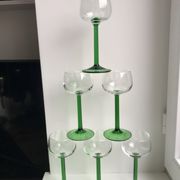 Set of 6 green white wine glasses made in France 60s-70s