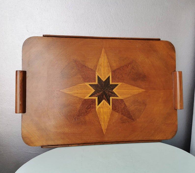 Vintage tray in wooden marquetry 1970