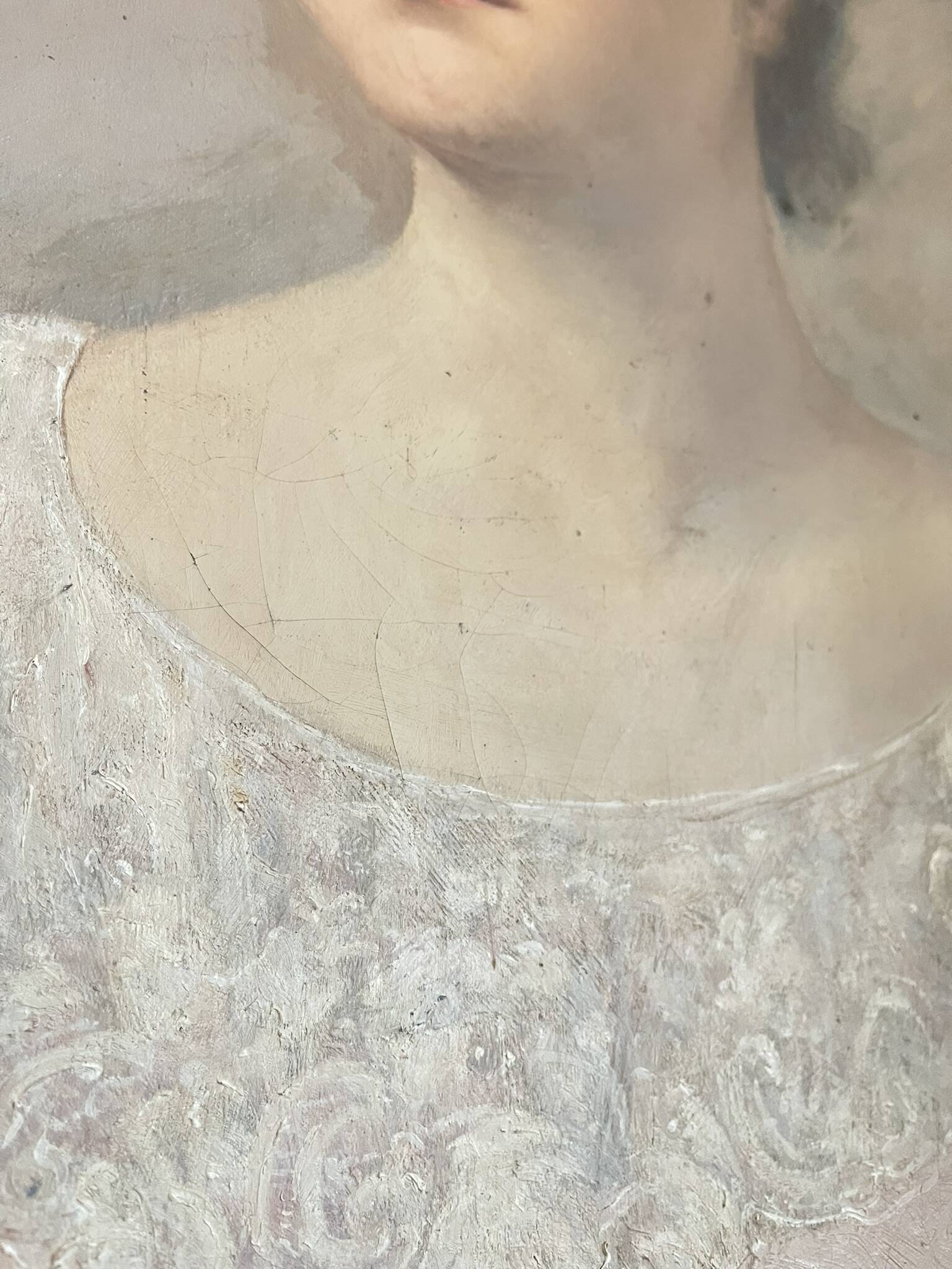 Tableau peinture huile toile portrait femme robe dentelle xixème 19ème merl