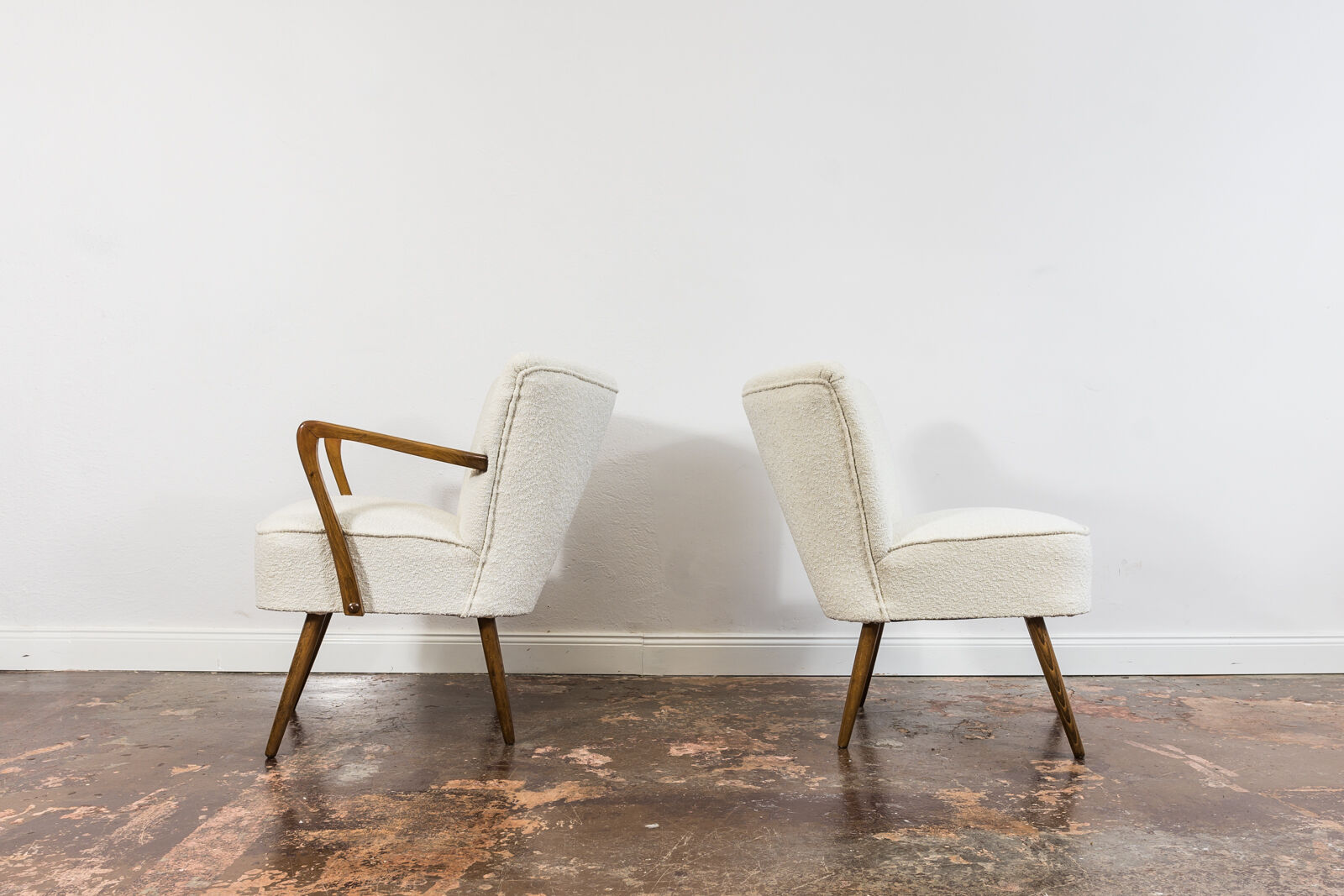 Pair of white cream boucle cocktail chairs, 1950s