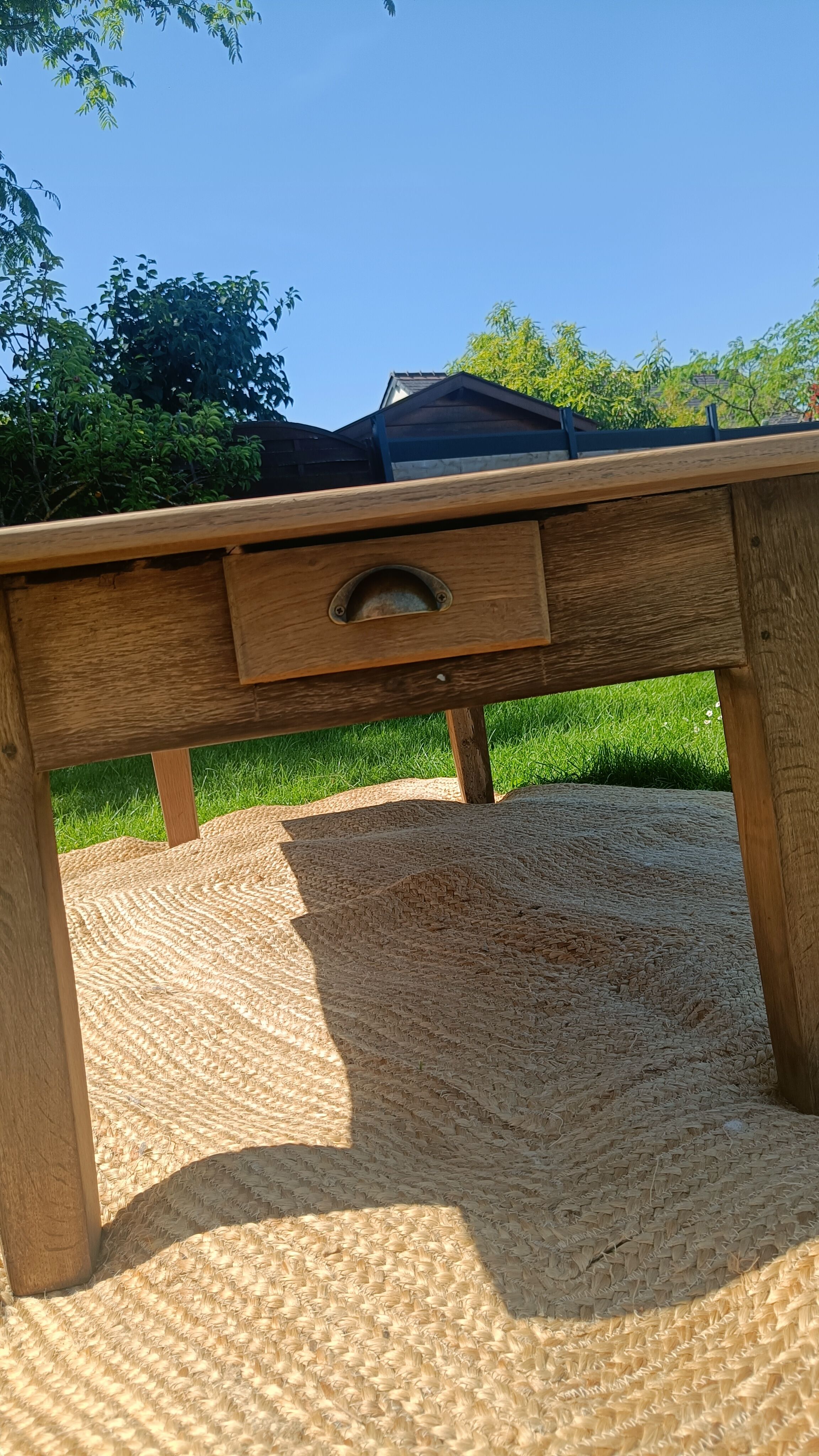 Large restored antique coffee table in solid oak.