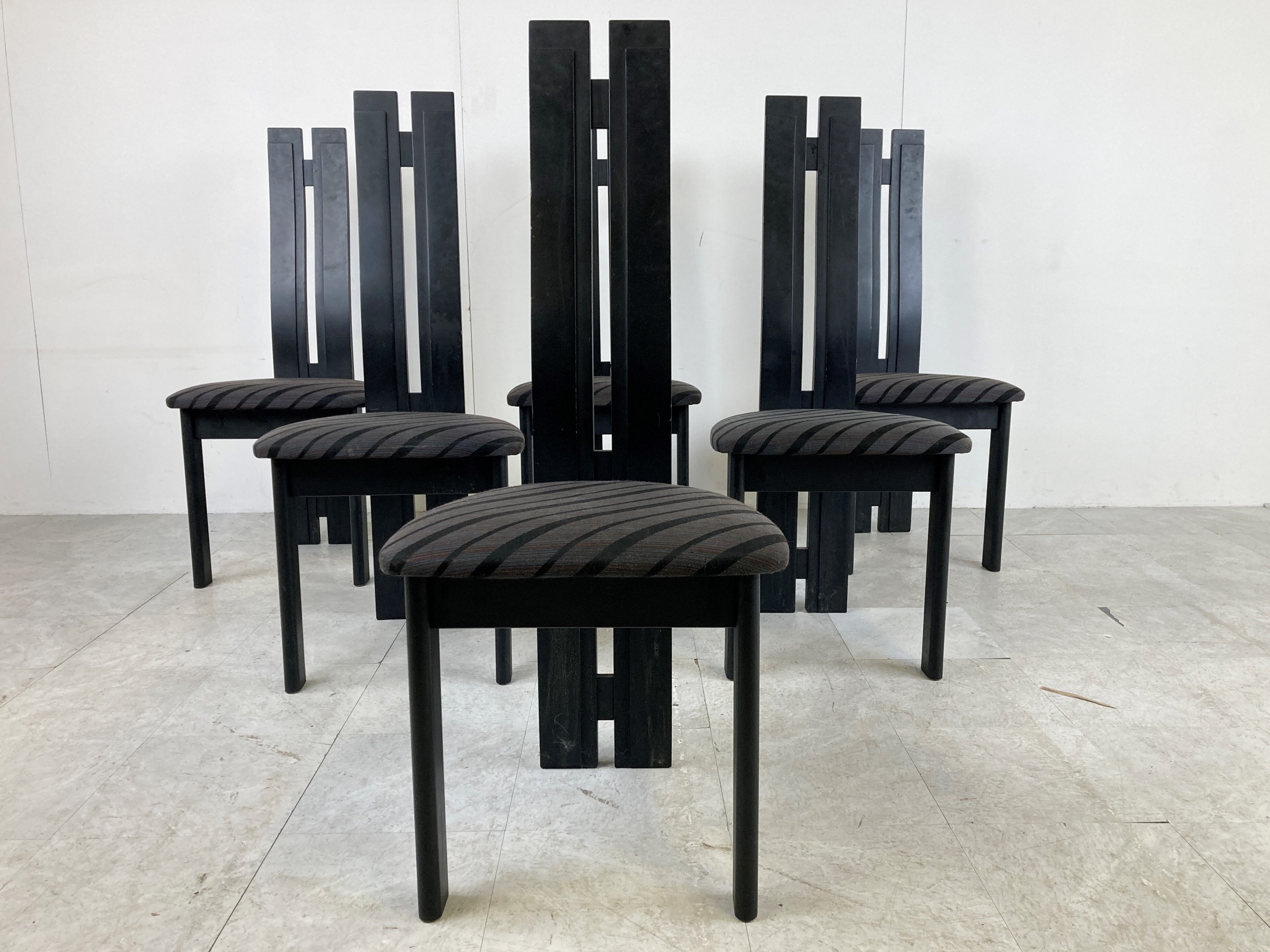 Set of 6 black wooden high back dining chairs - 1980s