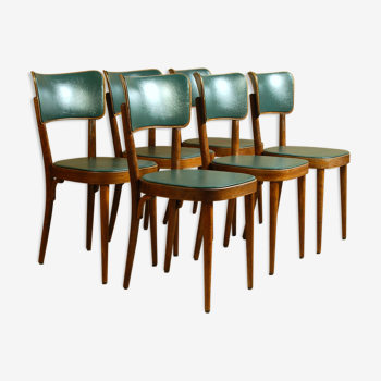 6 chaises bistrot Baumann années 50 bois et skaï