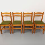 Set of 4 vintage chairs in pine and khaki green bouclette fabric from the 70s
