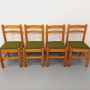 Set of 4 vintage chairs in pine and khaki green bouclette fabric from the 70s