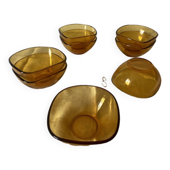 Set of 8 vintage Vereco rectangular bowls, honey color, 80s