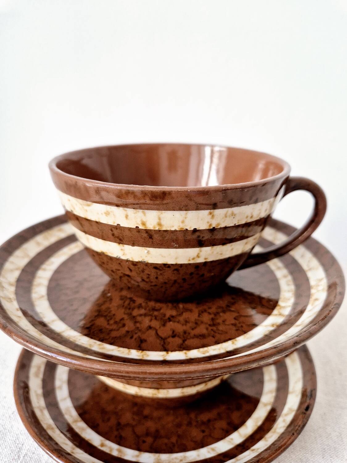 Set of 2 cups + 2 stoneware plates "Mary" - Digoin Sarreguemines Vintage