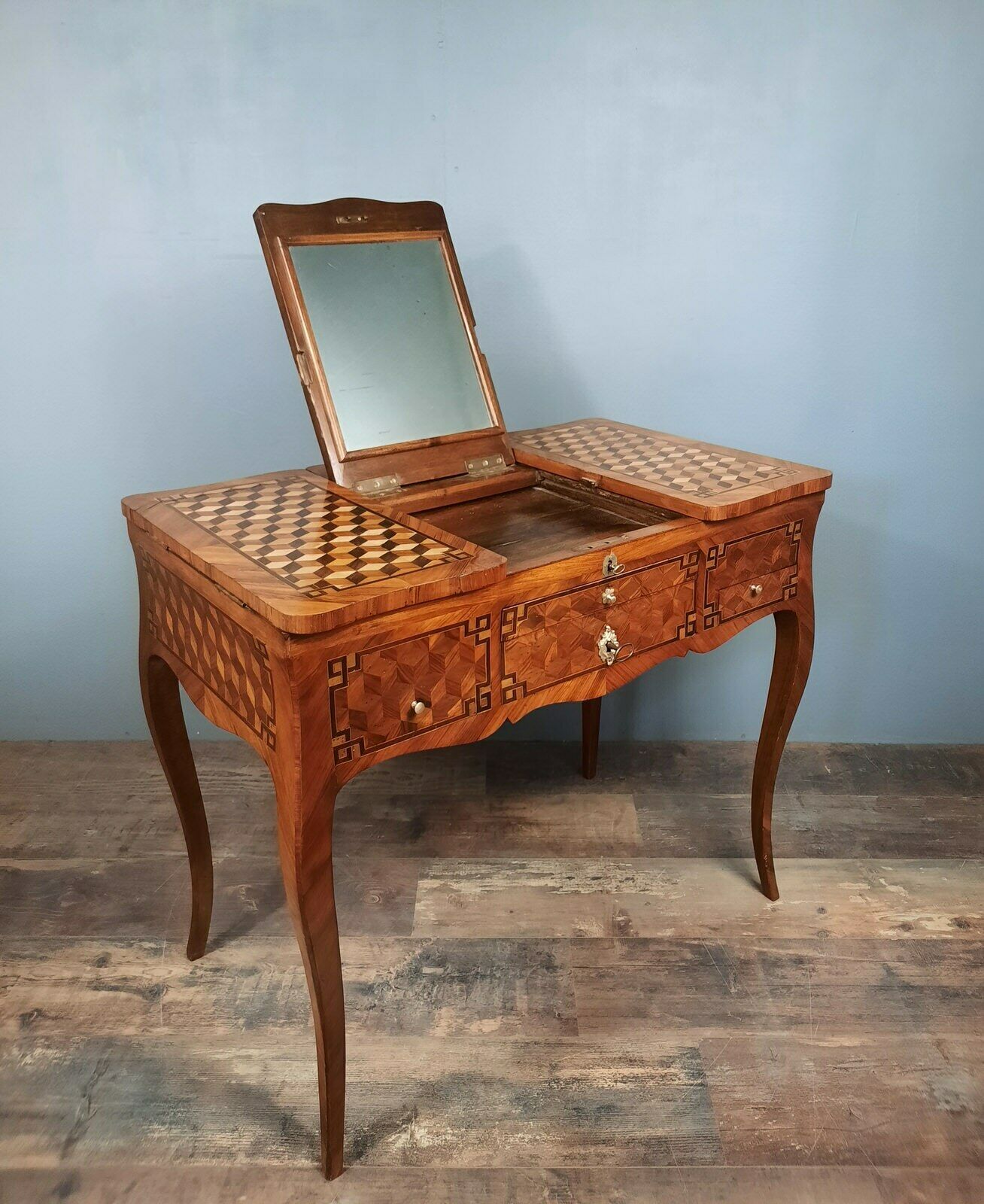 Dame dressing table with Louis XV style flap inlaid in precious wood NINETEENTH