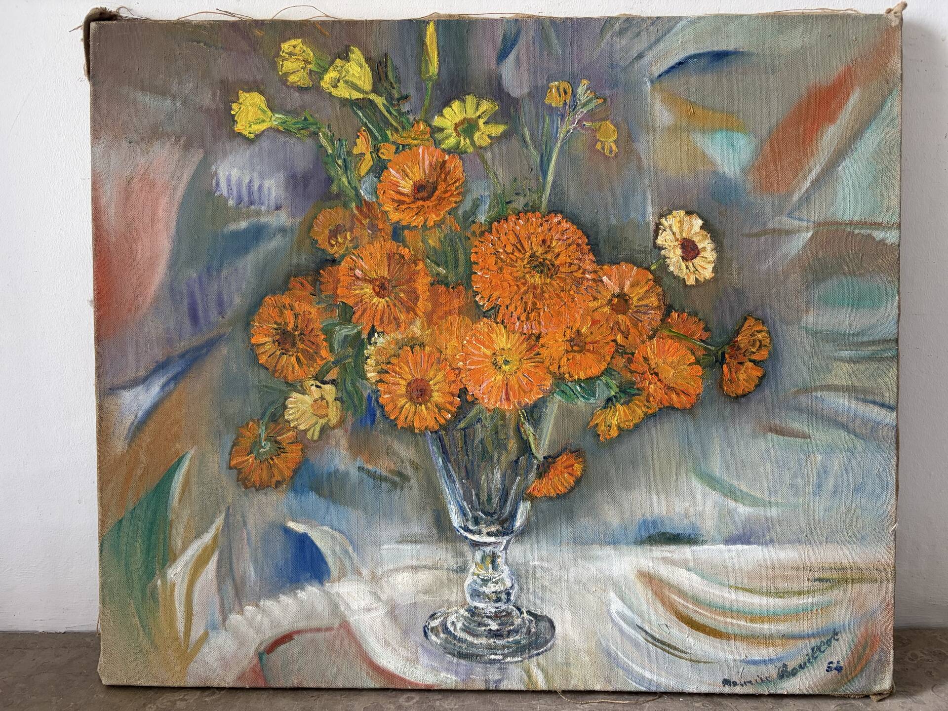 Bouquet of marigolds, oil on canvas signed Maurice Bouillot 1954