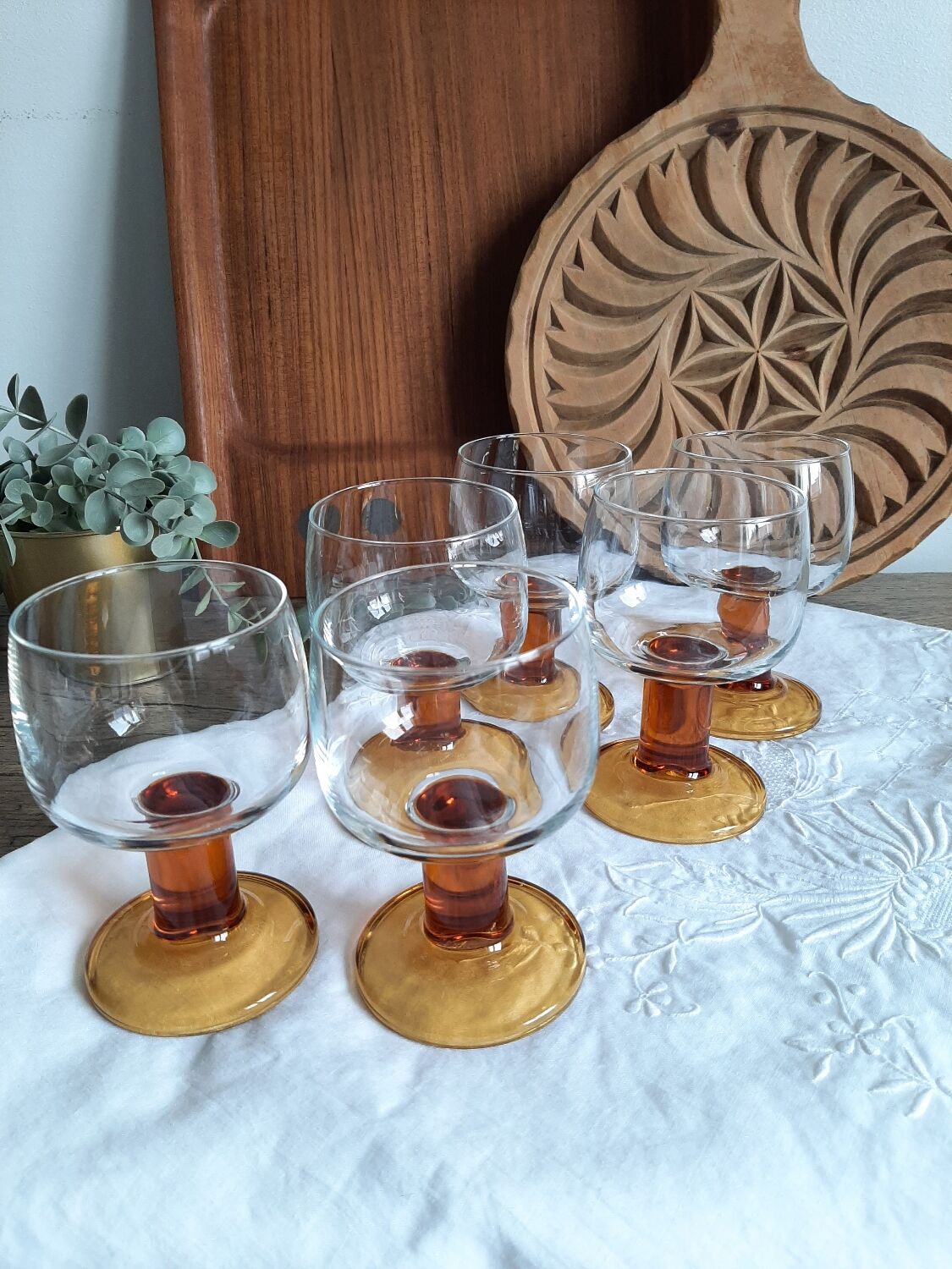 Vintage water glasses amber feet
