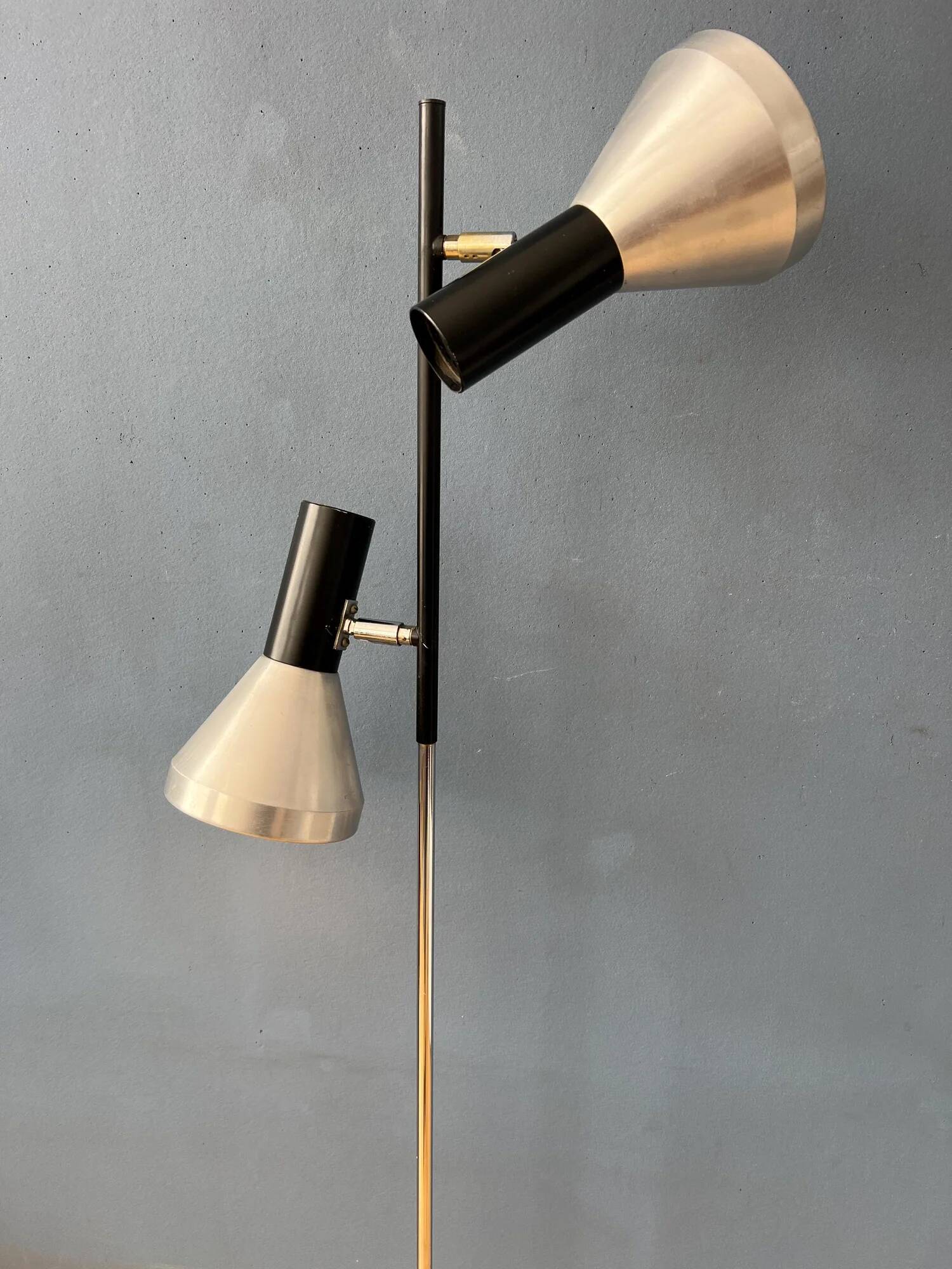Vintage black mid-century floor lamp with two aluminum spots