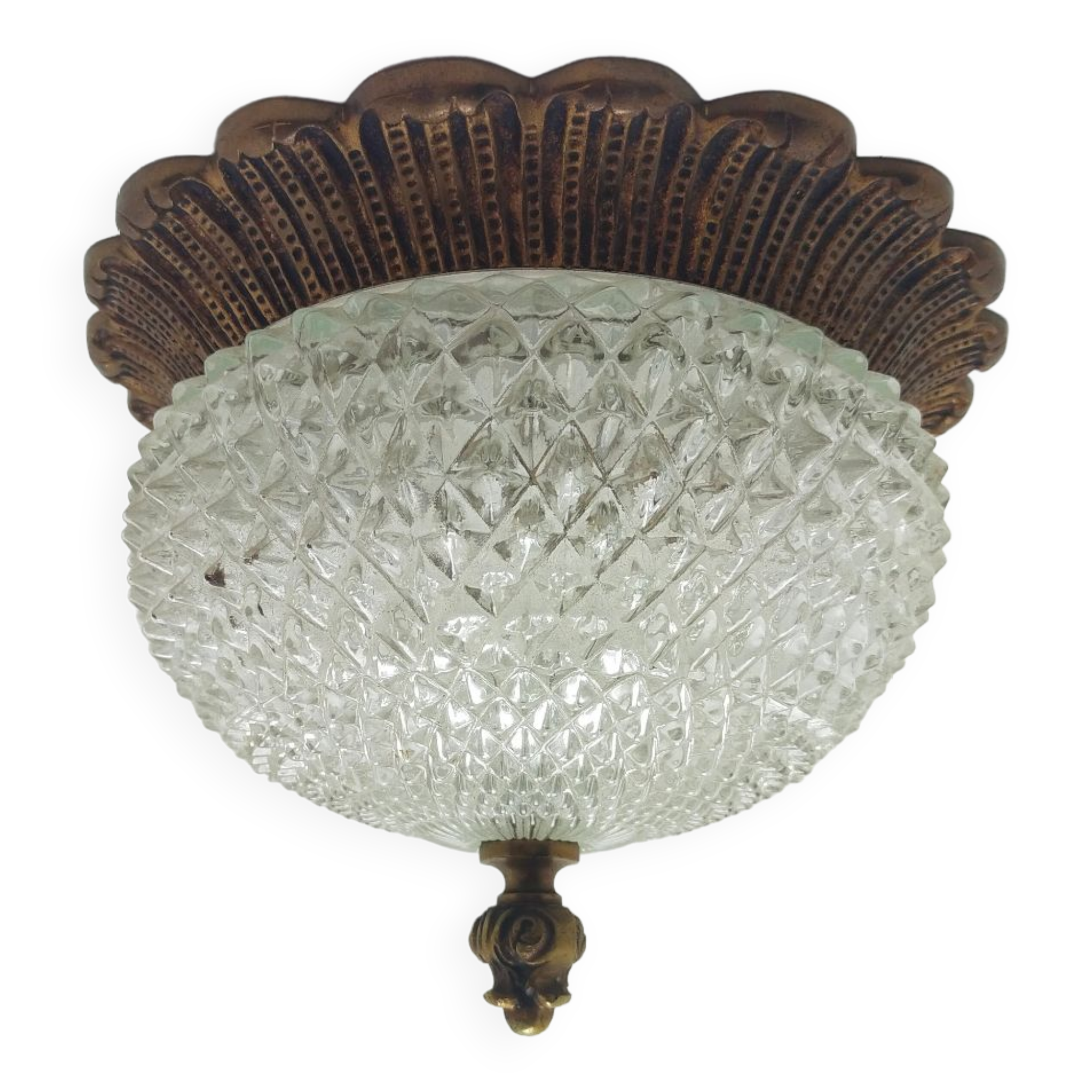 Ceiling lamp glass diamond tip and brass 70's